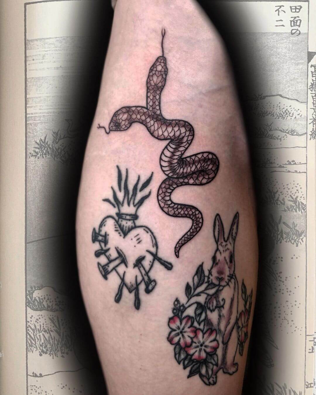 Double Headed Snake Tattoo Flowers and Other Elements