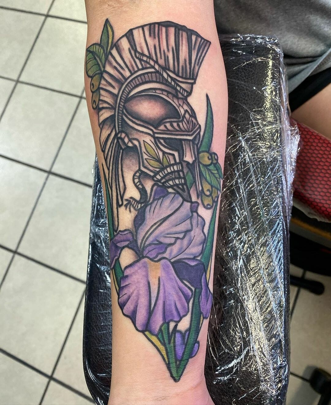 Ancient Greek Knight with Iris Flower Tattoo