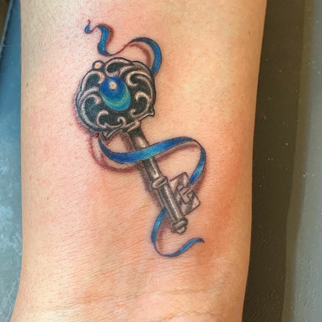 Sapphire Ribbon Key Tattoo Ideas