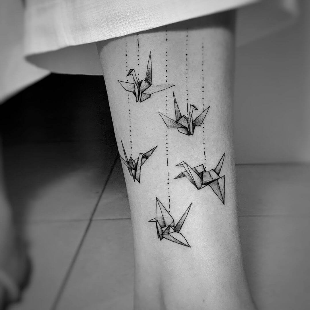 Origami Hanging Cranes Tattoo Design