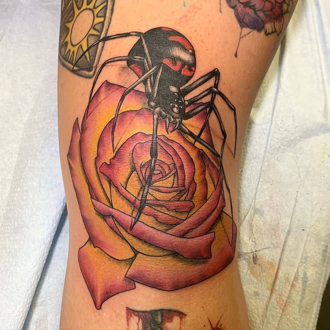 Black Red Yellow Ink Spider On Rose Knee Tattoo For Men