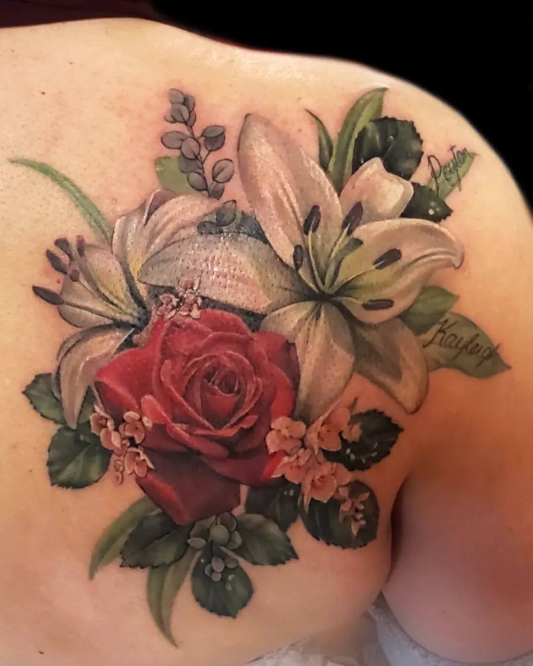 Watercolor Red Rose Tattoos With Peonies