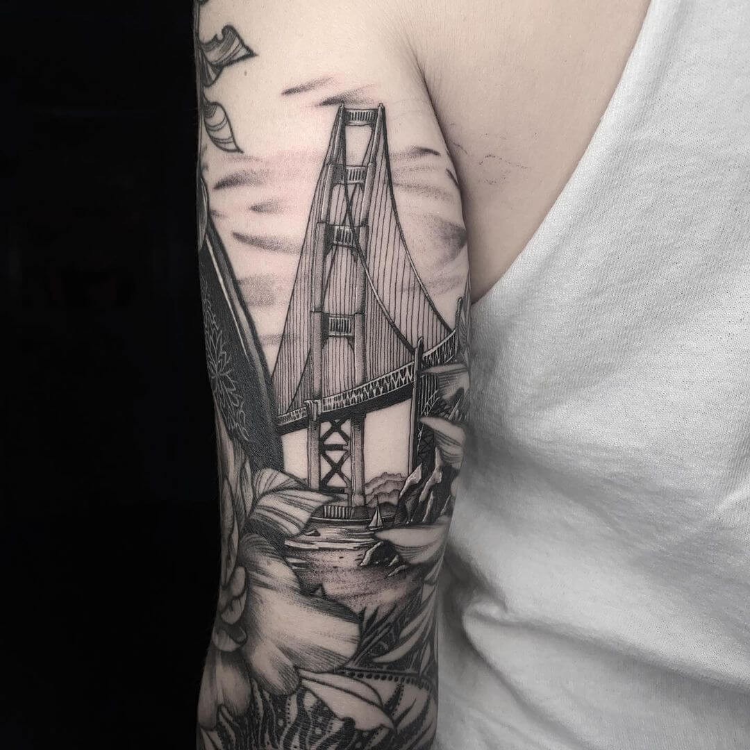 Golden Gate Bridge And Red Wood Tree Tattoo