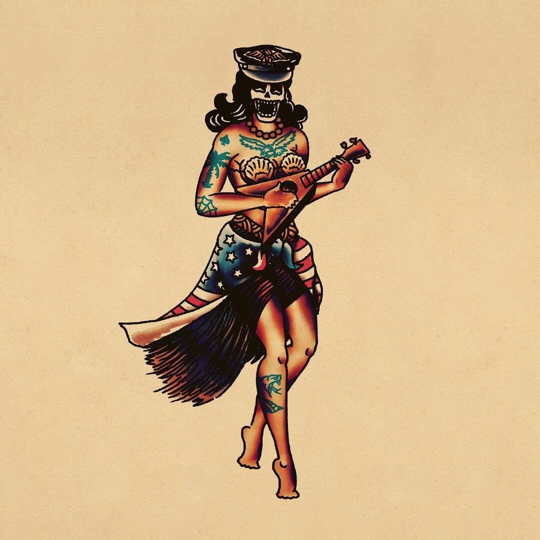 Vintage Hula Girl Tattoo Design With Ukulele