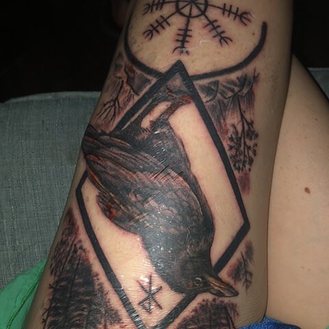 Odin’s Messenger Raven In Forest Norse Tattoo And Helm Of Awe Idea For Men