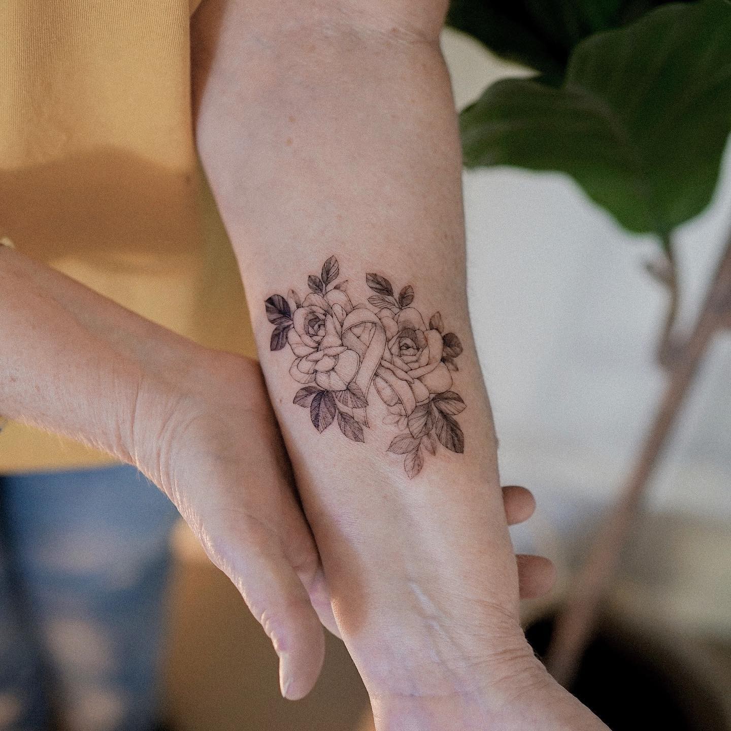 Roses and Ribbon Cancer Tattoo