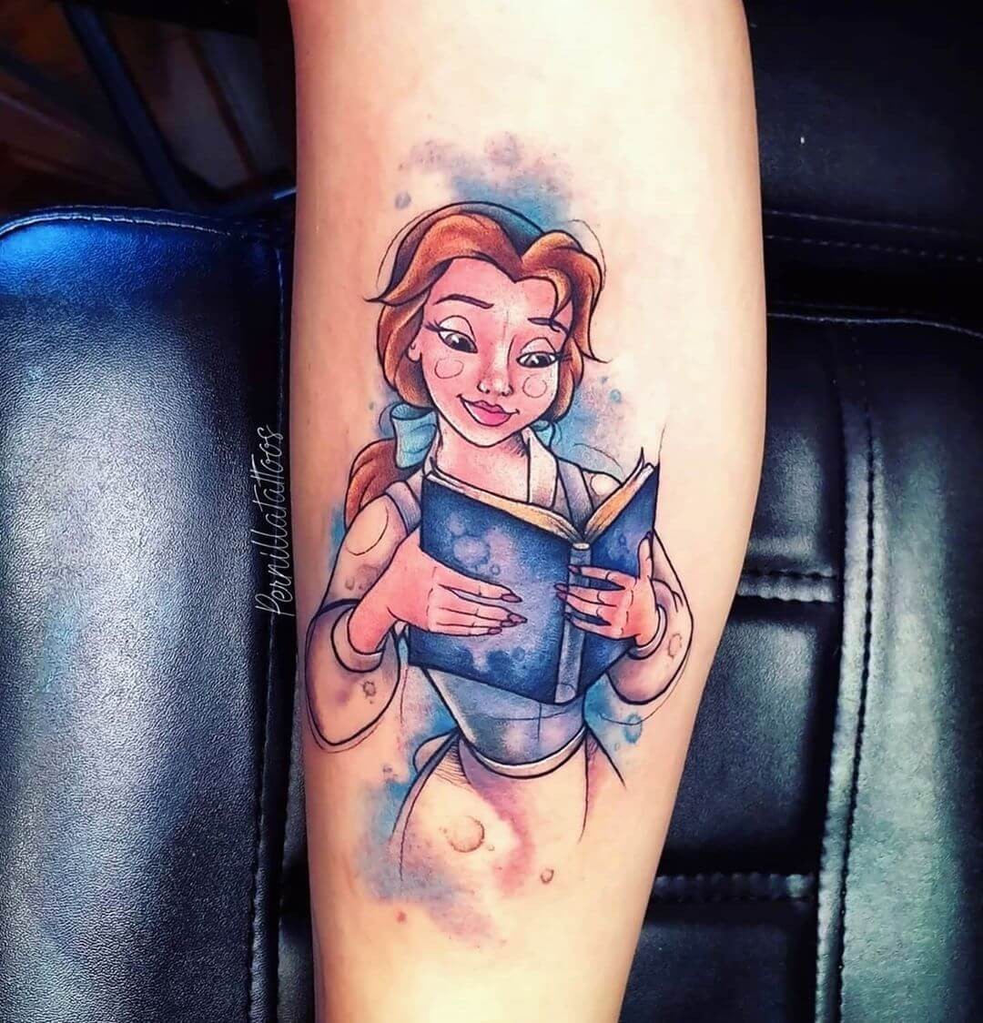 Beauty And Beast Tattoo Designs Watercolor Tattoo Disney Belle Reading Book Blue Dress