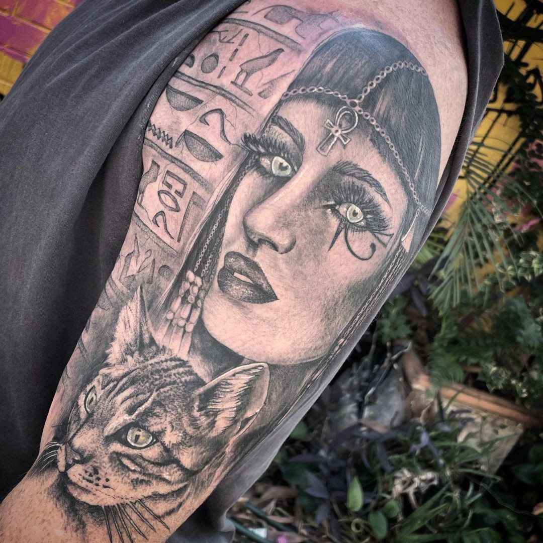 Stunning Cleopatra with Cat Tattoo