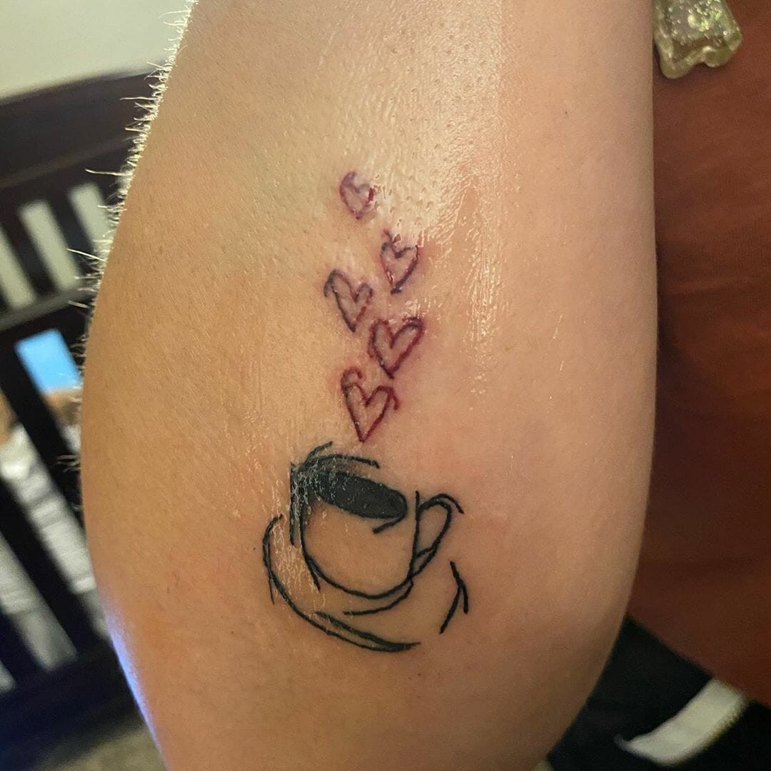 Small Cup Of Coffee Tattoo With Hearts